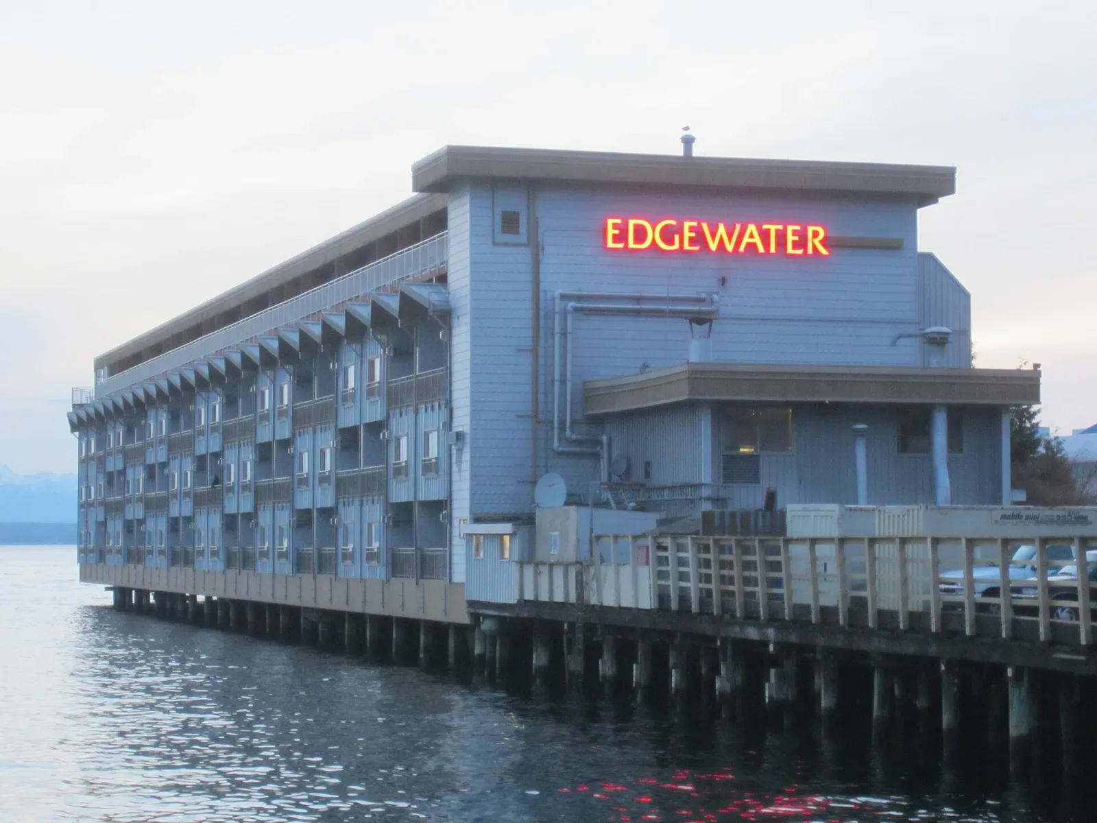 The Edgewater Hotel · Waterfront exterior, April 2012 archival photograph.