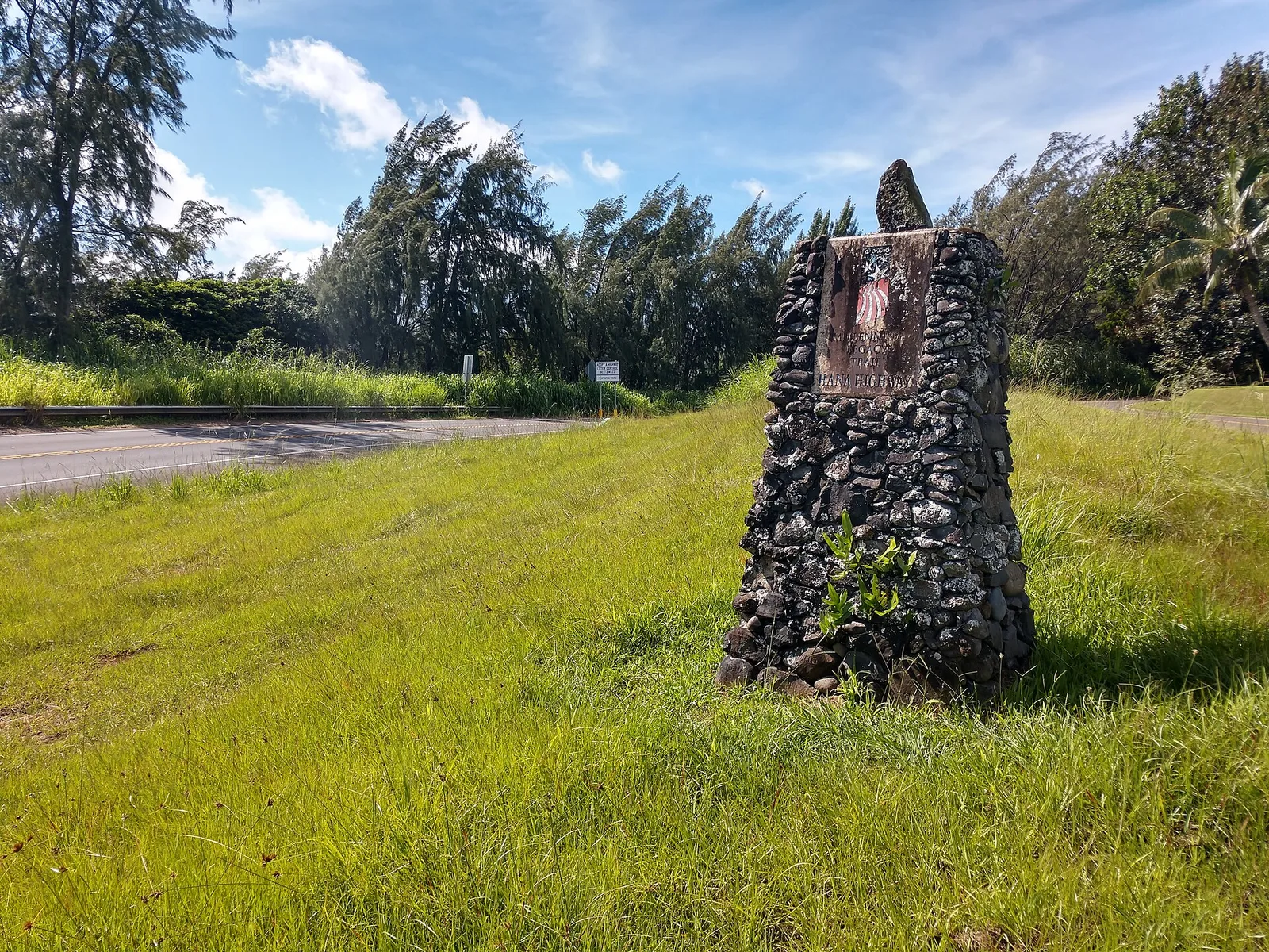 A stone marker beside the Hana Highway on Maui