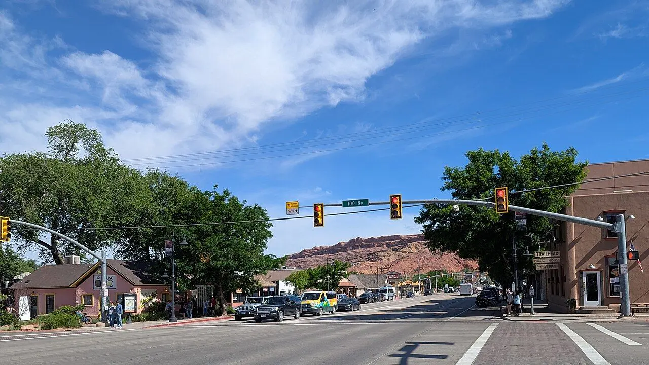 Main Street at 100 North in Moab · May 2025.