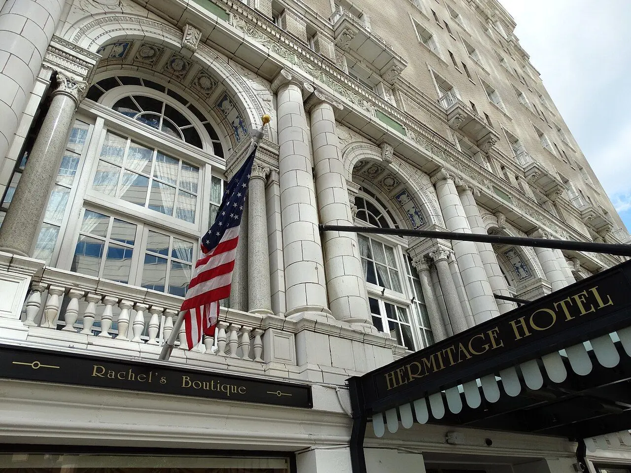 The Hermitage Hotel facade in Nashville; a building photograph, not a room or Capitol-view guarantee.