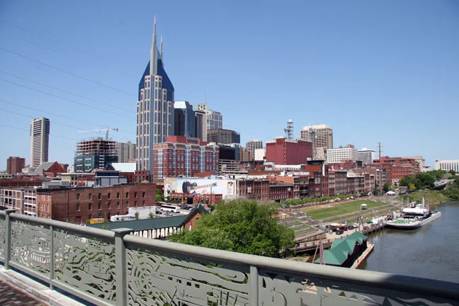 Downtown Nashville from a pedestrian bridge over the Cumberland River