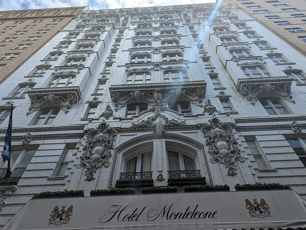 Hotel Monteleone exterior on Royal Street in New Orleans · April 2022; not a selected room or current view.