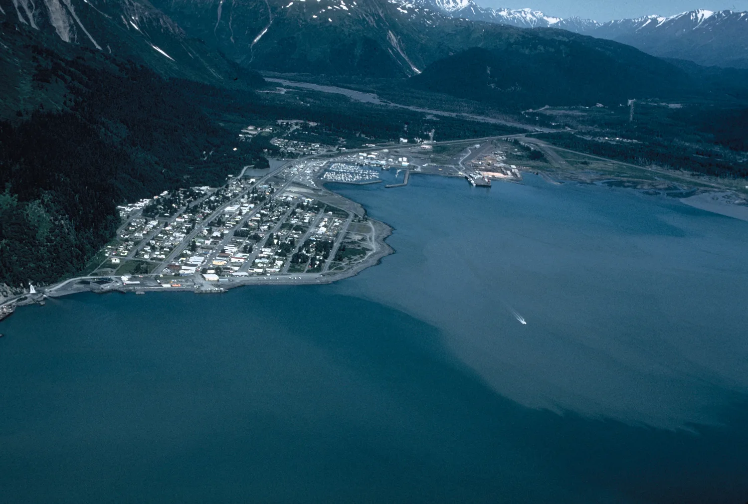 Archival aerial view of Seward beside Resurrection Bay; photograph date unknown