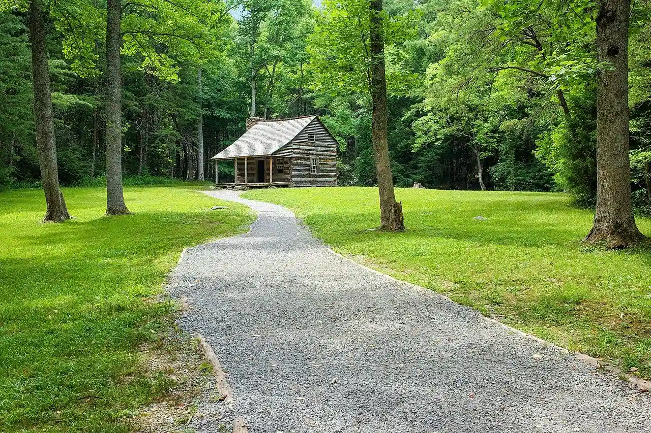 Carter Shields cabin and wooded path in Cades Cove · July 2014 archival photograph.
